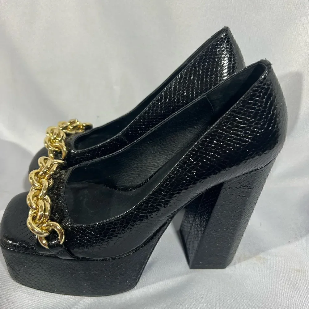 JEFFREY CAMPBELL CASEY CHAIN PLATFORM HEELS IN BLACK SNAKE SIZE 8